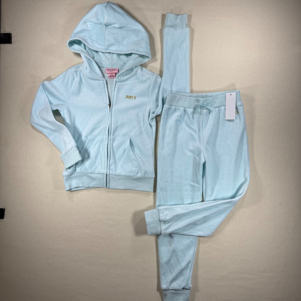 Juicy Couture Kids Velour Tracksuit Light Blue Hoodie Joggers Set Size 6